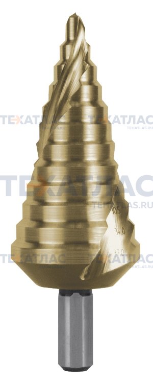 RUKO RK-101060T Сверло ступенчатое 6,0-37,0  мм, 12 ступеней, HSS, 118°, HZ, TiN, со спиралевидной канавкой