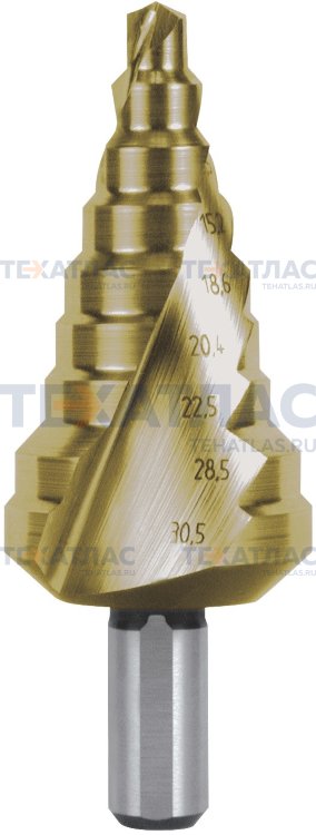 RUKO RK-101098T Сверло ступенчатое 6,0-30,5  мм, 9 ступеней, HSS, 118°, HZ, TiN, со спиралевидной канавкой