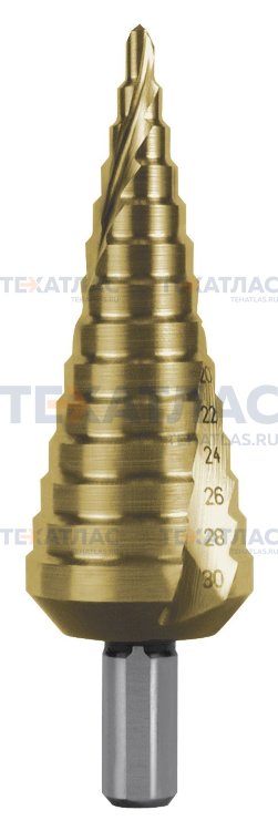 RUKO RK-101052T Сверло ступенчатое 4,0-30,0  мм, 14 ступеней, HSS, 118°, HZ, TiN, со спиралевидной канавкой