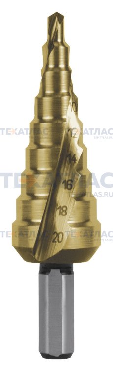 RUKO RK-101051T Сверло ступенчатое 4,0-20,0  мм, 9 ступеней, HSS, 118°, HZ, TiN, со спиралевидной канавкой