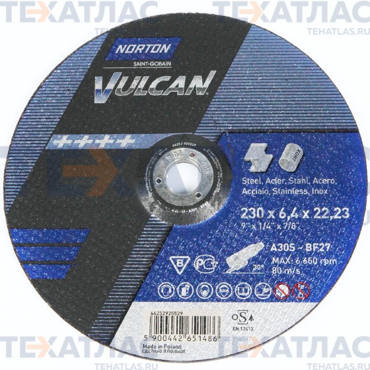 NORTON 66252925523 Круг зачистной Vulcan 125 x 6,4 x 22,23 A 30 S-BF27 мет/нерж