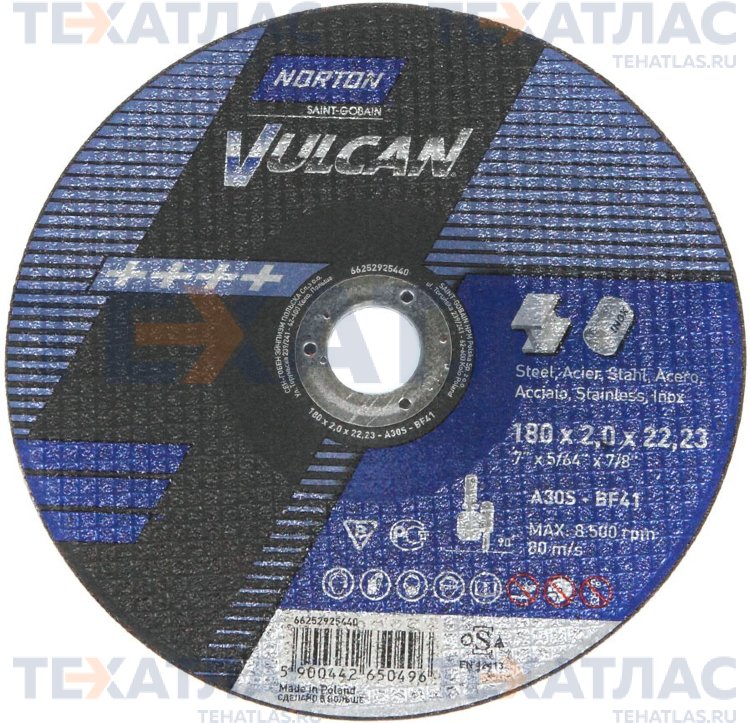 NORTON 66252925449 Круг отрезной Vulcan 180 x 3,0 x 22,23 A 30 S-BF41 мет/нерж