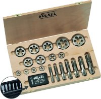 VOLKEL VO-48649 Набор метчиков комбинированных и шестигранных плашек G(BSP) 1/8-1.1/2, 16 предметов, деревянный кейс