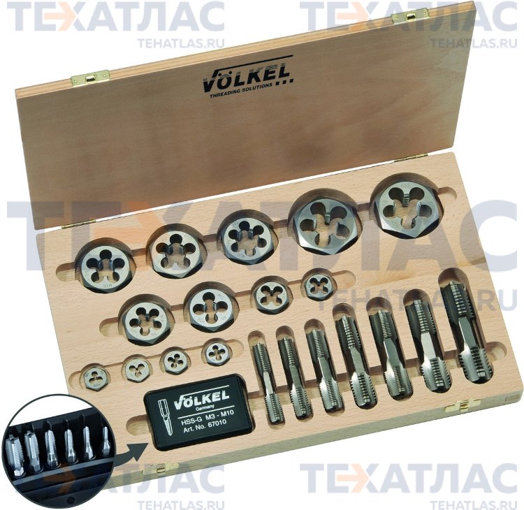VOLKEL VO-48649 Набор метчиков комбинированных и шестигранных плашек G(BSP) 1/8-1.1/2, 16 предметов, деревянный кейс VOLKEL VO-48649 Набор метчиков комбинированных и шестигранных плашек G(BSP) 1/8-1.1/2, 16 предметов, деревянный кейс