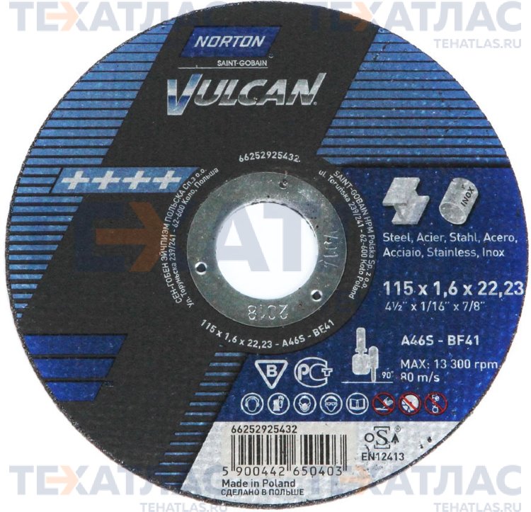 NORTON 66252925432 Круг отрезной Vulcan 115 x 1,6 x 22,23 A 46 S-BF41 мет/нерж